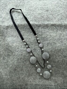Silver Multi-Disc Statement Necklace with Black Ribbon